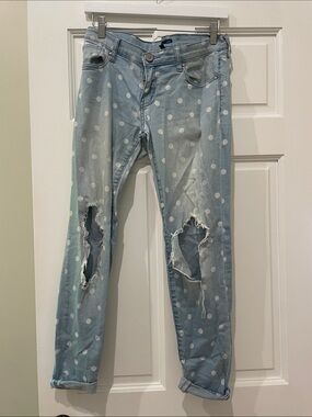 Polka Dot Light Blue Boyfriend Jeans with Distressed Knees
